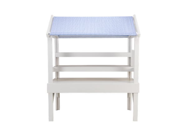 market stand with royal blue and white striped awning available to rent for events