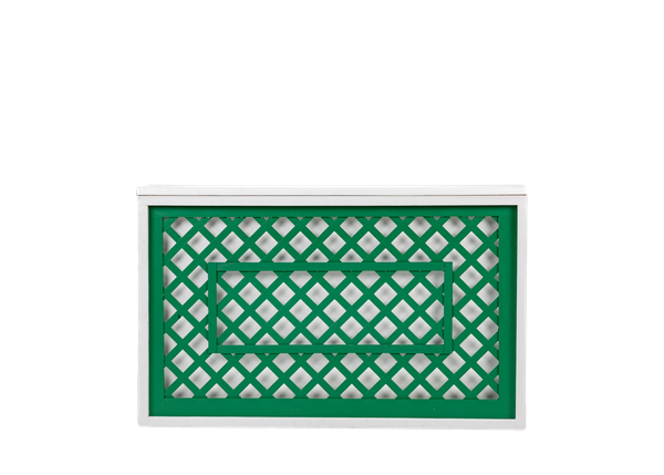 white shadowbox bar with green lattice insert and white top