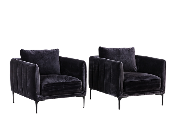 dark gray velvet chairs with black metal legs