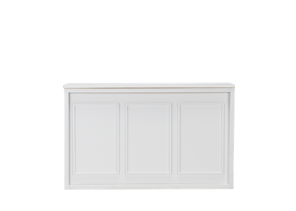 white shadowbox bar with a white customizable insert featuring stately crown molding and a white bar top