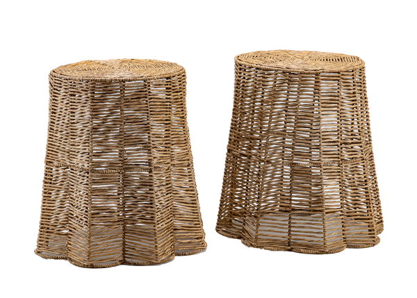 pair of seagrass end tables with round tops and scalloped bases