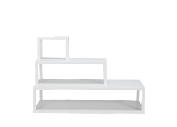 white wooden shelving with several tiers for storage 