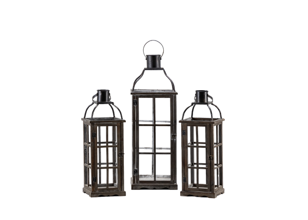 trio of wooden and metal lanterns 
