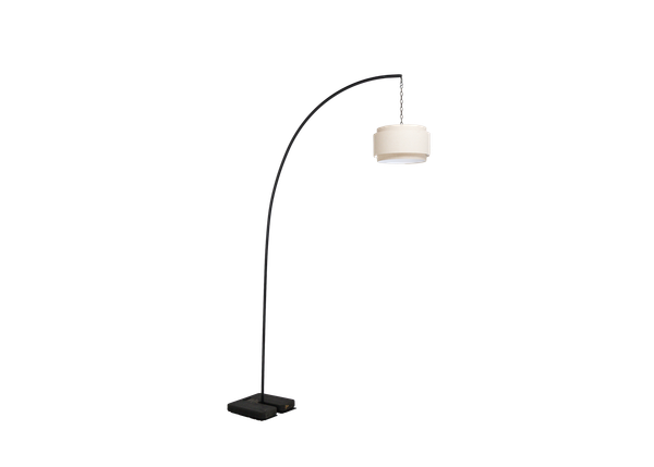 a neutral round linen pendant hanging from a black metal freestanding stand