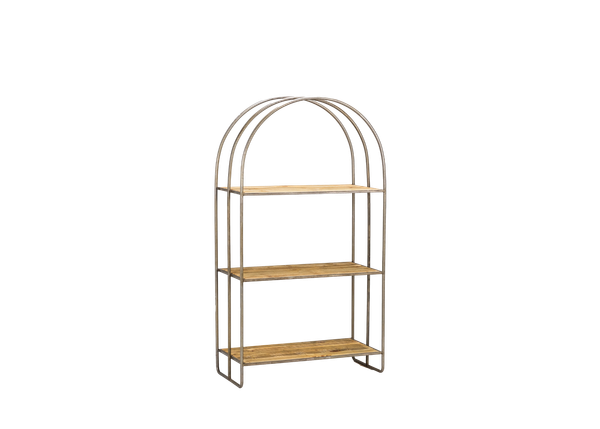 arched wood and metal shelving 