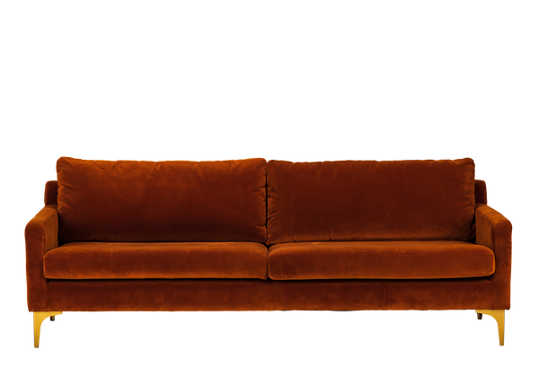 rust orange velvet sofa with gold feet