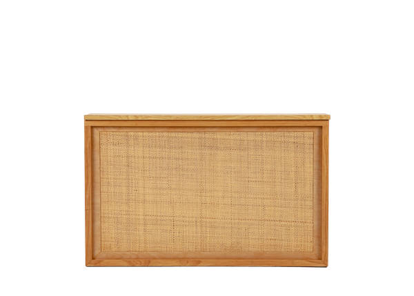 light wood shadowbox bar with rattan insert and light wood top 