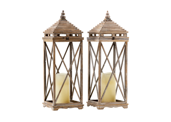 pair of large wooden lanterns with LED candles inside