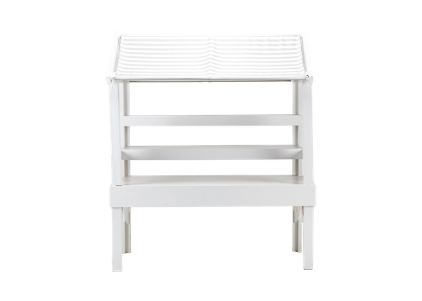 white wooden market stand with gray and white striped awning on white background