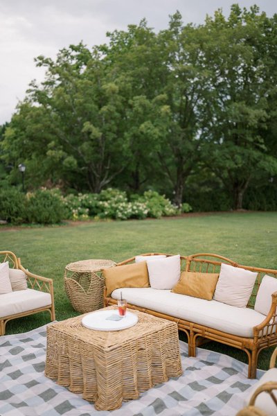 event lounge seating with white round tray rental