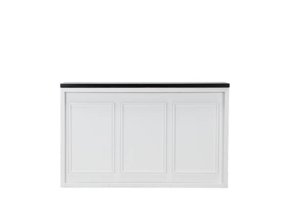 white shadowbox bar with a white customizable insert featuring stately crown molding and a black bar top