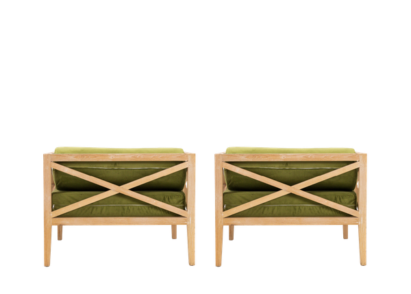back view of pair of contemporary light wood armchair rentals with green velvet cushions