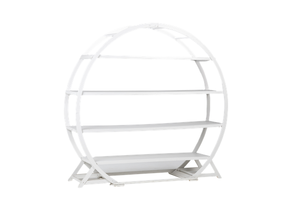 round white wooden arbor with shelves on white background