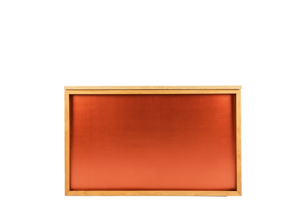 light wood shadowbox bar with copper insert and a lightwood bar top