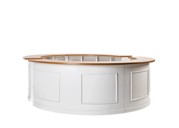 white full round bar with white box trim and wood top