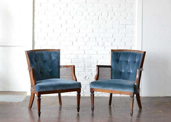 blue velvet, button tufted chairs wooden cane 
