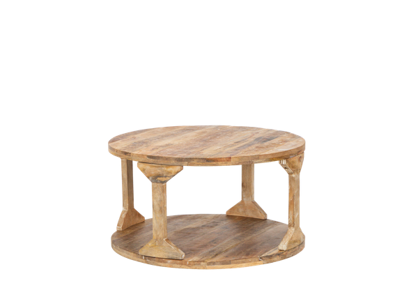 round wooden coffee table with an open center 