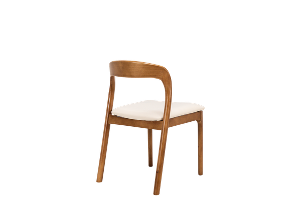 back view of contemporary wood dining chair rental with cushioned seat