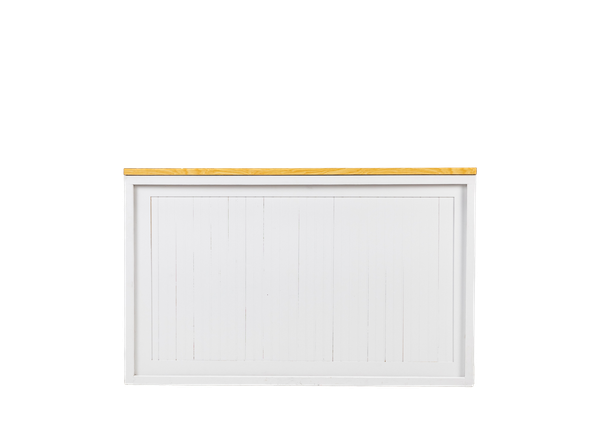 white shadowbox bar with white beadboard insert and light wood top 