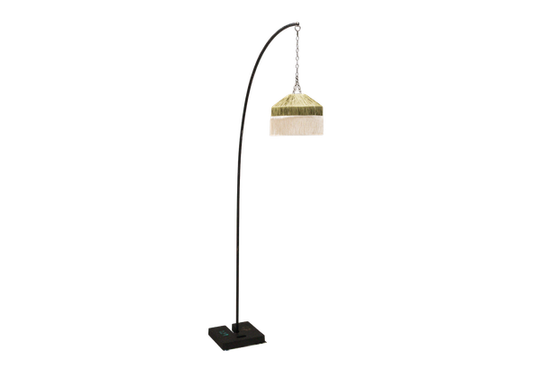 freestanding pendant stand rental with green and cream pendant with fringe 