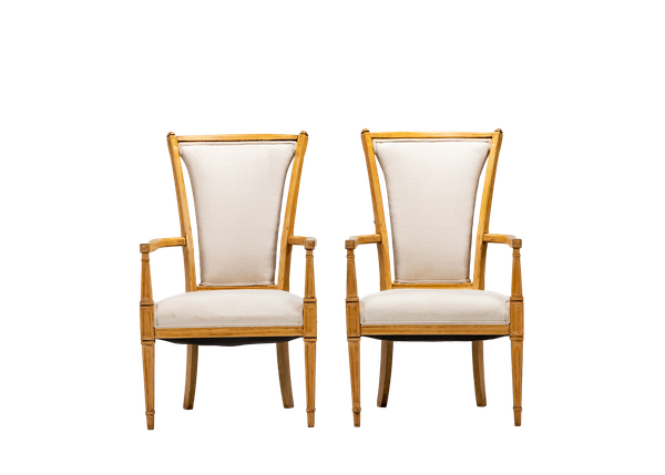  pair of neutral linen upholstered chairs with wood trim