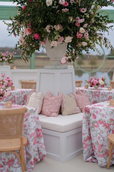 white estate banquette rental at wedding reception