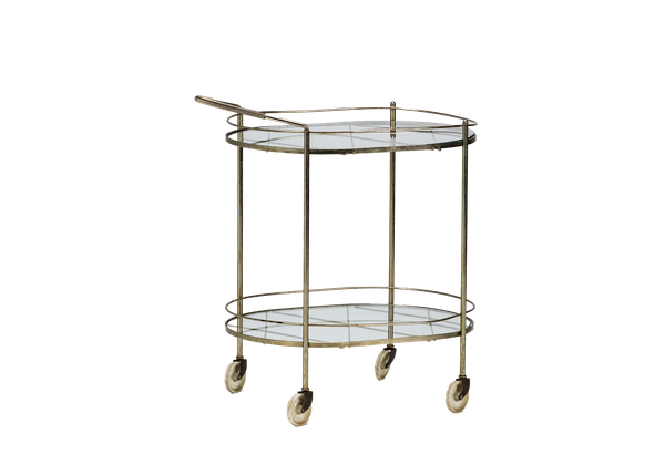 brass and glass midcentury modern bar cart with wheels