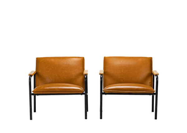 pair of modern brown leather chairs with black metal trim