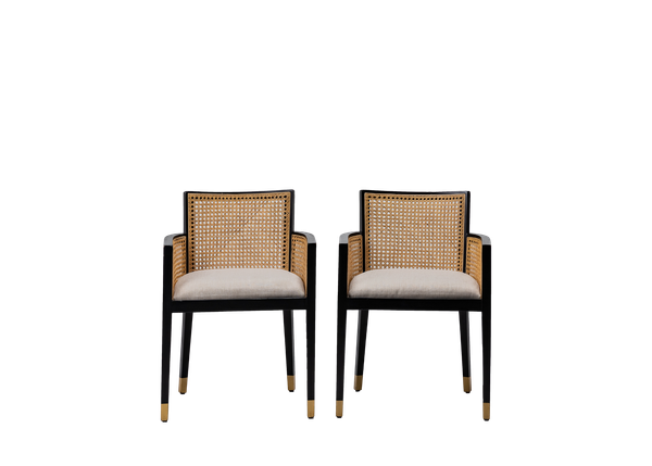 pair of black chairs with caned back seat and neutral upholstery 