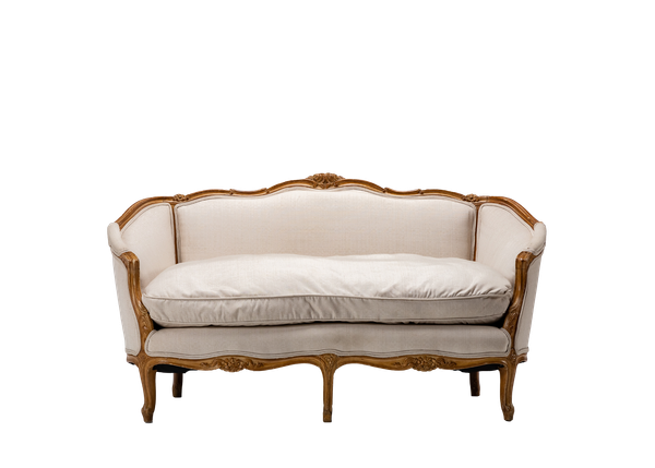 curved back neutral traditional settee with wood trim