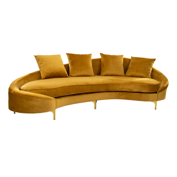 Curved golden velvet sofa with brass legs