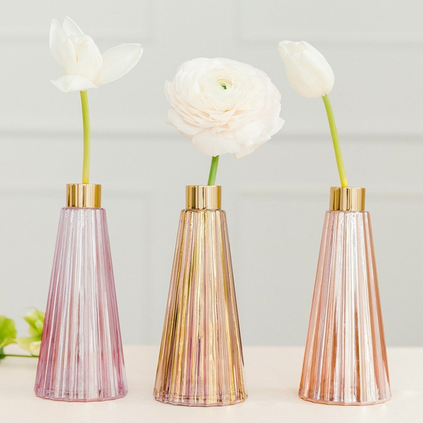 Sets of 3 Pink Tinted Tapered Bud Vases-