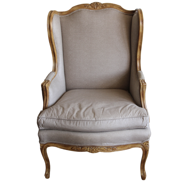 Grey wingback chair for party rentals from Relics Rentals based in Milwaukee, WI
