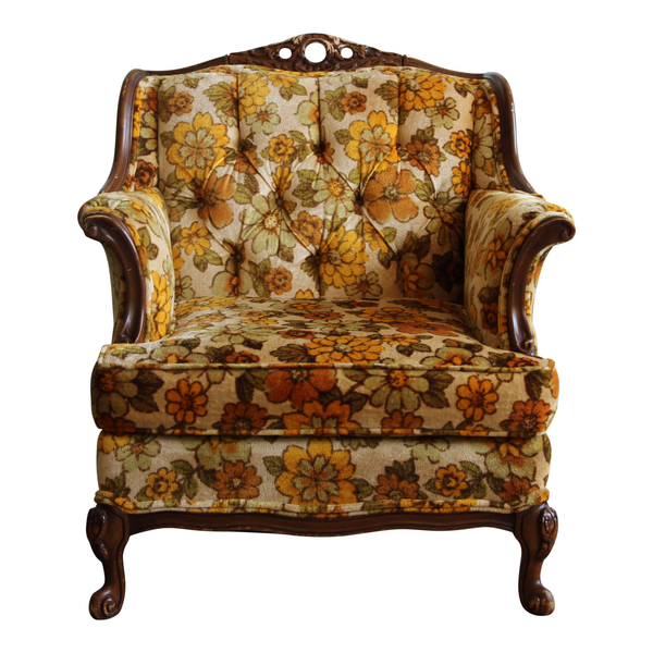 Floral orange and yellow armchair available for rent for a funky party or event 