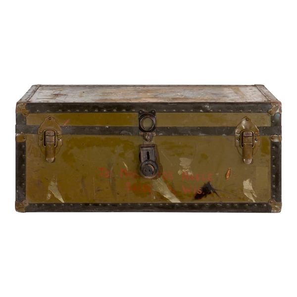 Army green trunk to be used as a prop or side table for party and event rentals 