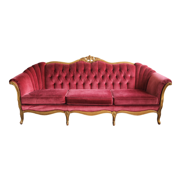 Merlot color tufted antique sofa for use in wedding lounges and event rentals