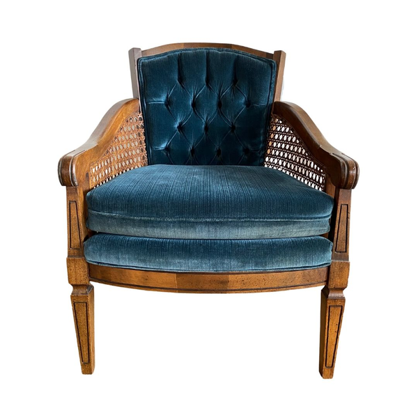 Deep blue armchair with caning for rent from Relics Rentals based in Milwaukee, WI