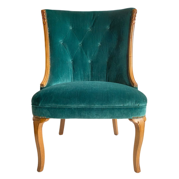 Simple teal tufted accent chair available for rent at any wedding or event