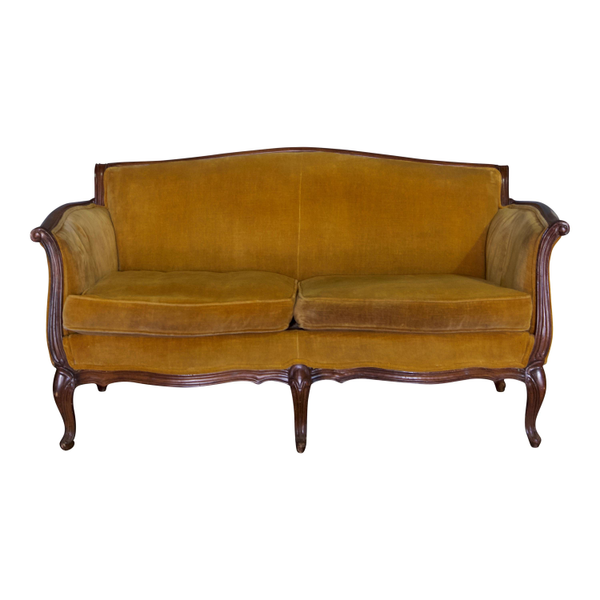 Gold settee with carved wood detailing for rent from Relics Rentals in Milwaukee, WI