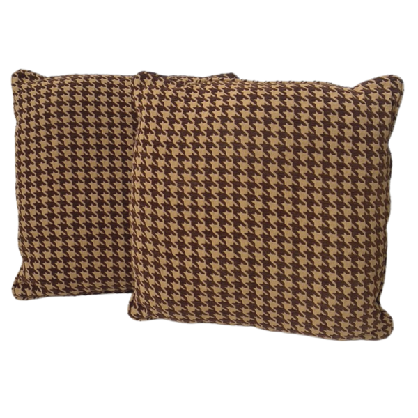 Pair of houndstooth pattern pillows that are brown and tan