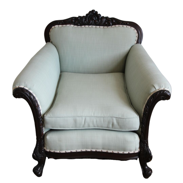 Powder blue chair with ornate dark wood details great as accent chair in a lounge or for any party rental