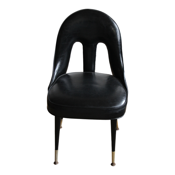 Black vinyl dining char with curved back that can be rented as a dining seating or an accent chair 