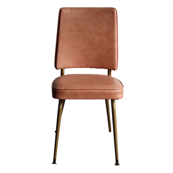 Blush color vinyl dining chair with gold frame in Mid Century Modern style