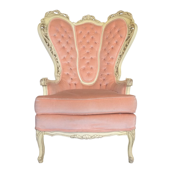 Large blush pink velvet throne with cream wood detailing 