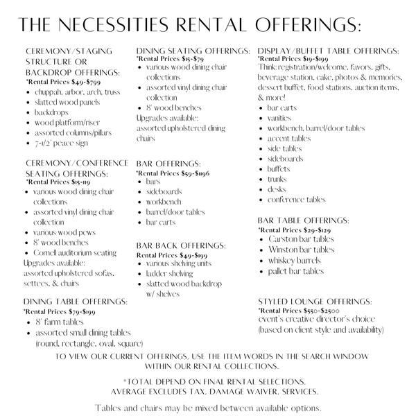 Necessities rental offerings from Relics Rentals in Milwauke, WI
