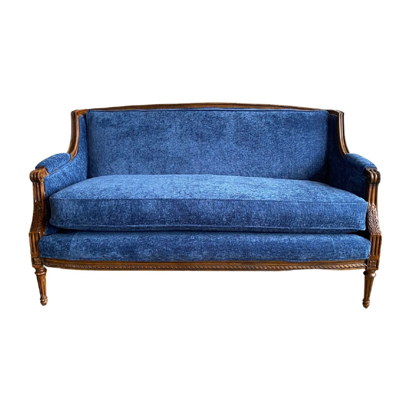 Medium blue straight line settee great for party and event rentals