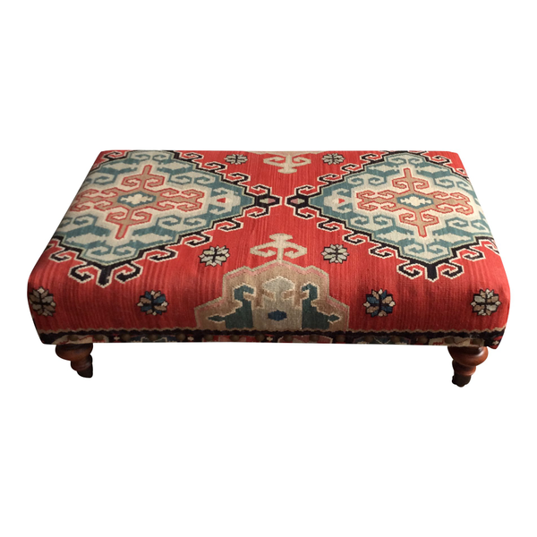 Patterned red  square ottoman with wood legs for event rentals