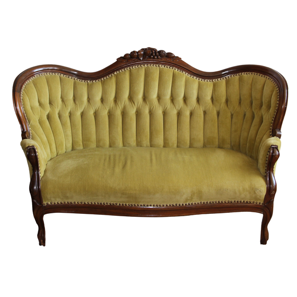 Olive green tufted back settee with mahogany carved wood details available for party rentals