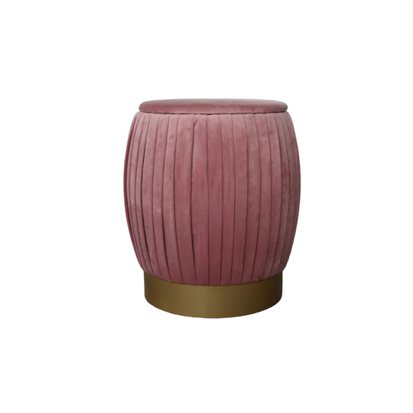 Pleated rose pink pouf with gold base available for any party rental