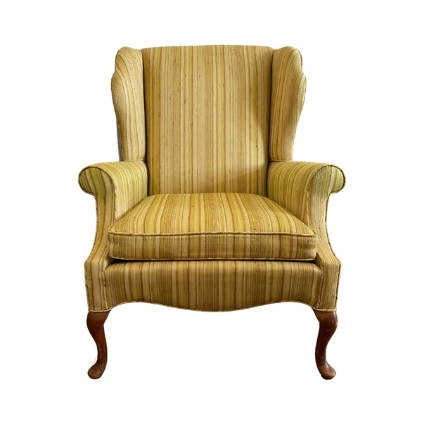 Yellow striped wingback chair for rent in the Milwaukee area from Relics Rentals